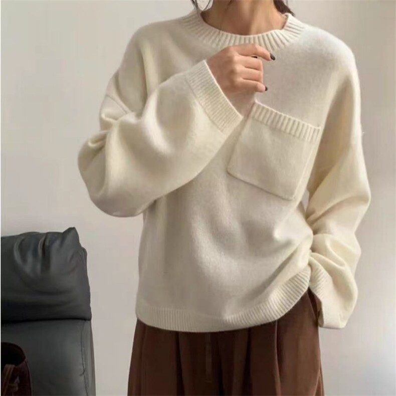 圆领毛衣女慵懒秋冬宽松针织新款长袖内搭套头打底衫,女装羊毛衫,鑫之绒