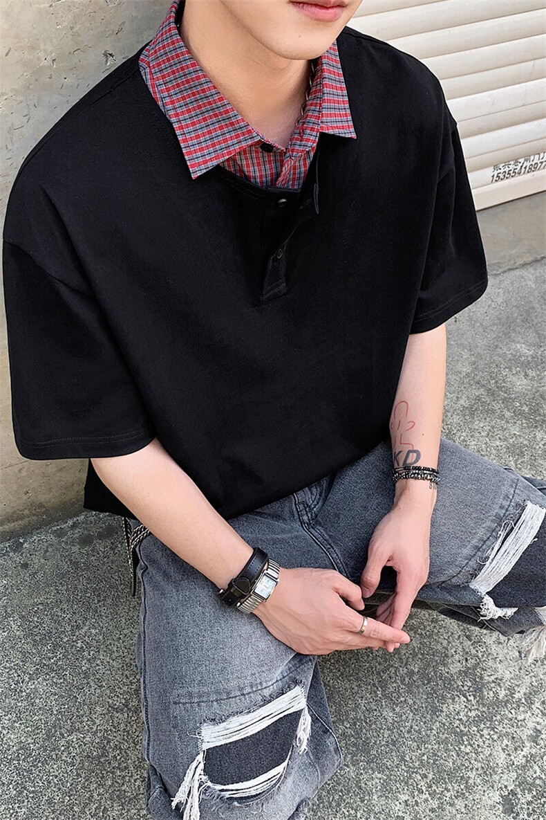 假两件衬衫拼接T恤X7170-TP3558复古POLO衫潮牌青少年短袖男,男装T恤,电商A102