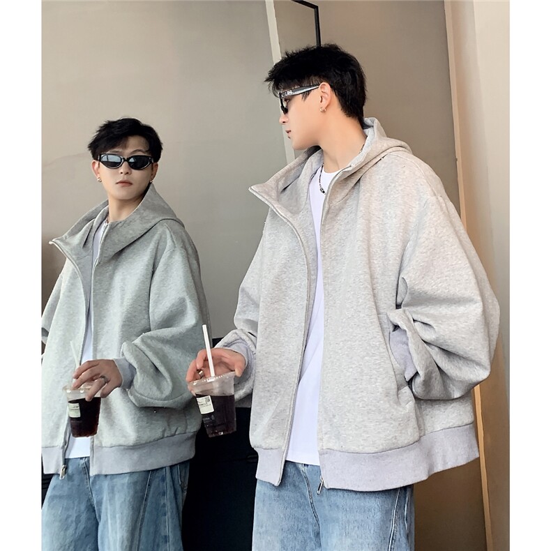 420克春秋美式重磅廓形连帽卫衣男短款韩版休闲开衫外套,女装短外套,电商C307