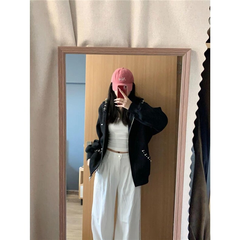 钉珠连帽开衫卫衣外套女2025新款秋冬美式高街复古宽松小众设计感,女装短外套,星座506A