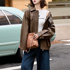 美拉德皮衣外套女早秋学院风棕色皮衣美式痞帅皮夹克2024新款高级，女装皮衣，江南女神