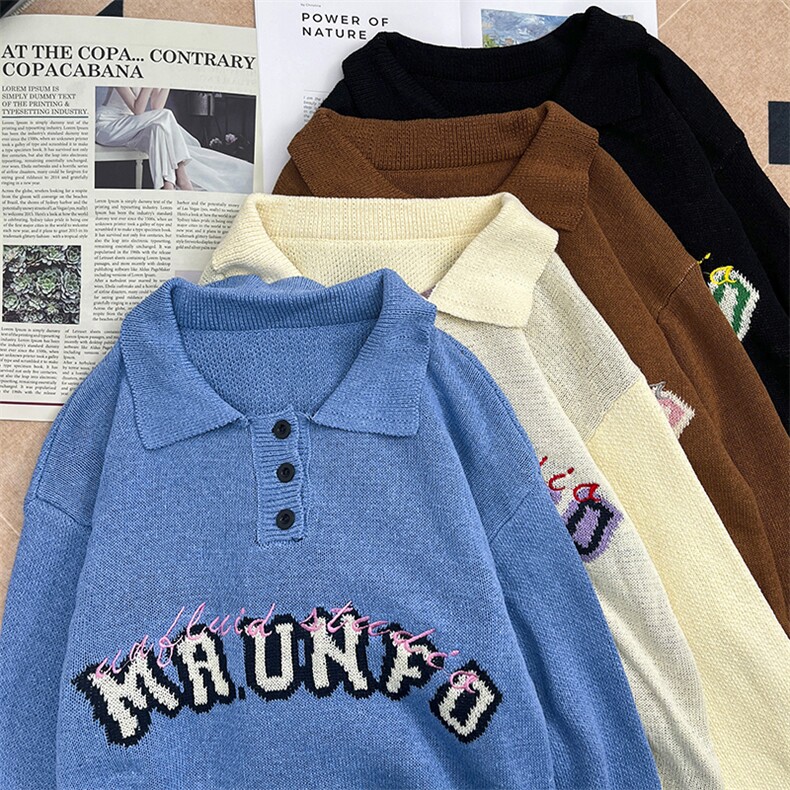 港风秋款男Polo领毛衣字母刺绣印花针织衫宽松线衣外套M712 P45图片