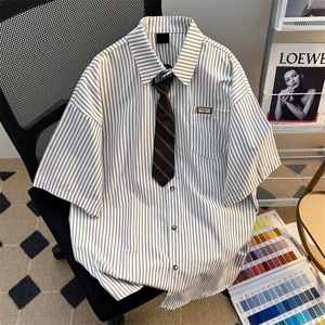 配领带 竖条纹衬衫男女短袖韩版潮流宽松2026夏ins外套CY1119-P37图片
