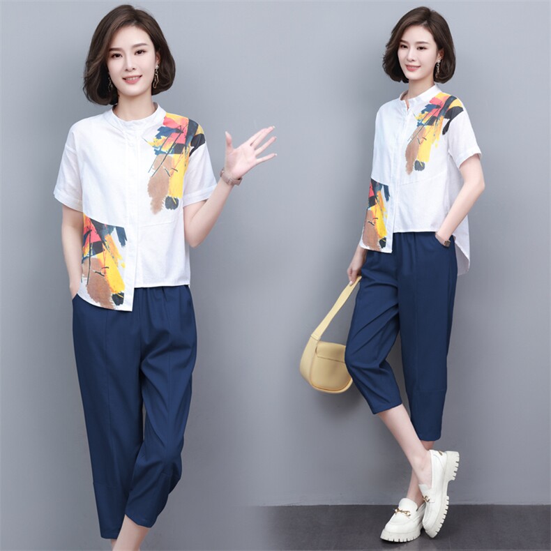 休闲棉麻职业套装夏天2025新款时髦显瘦洋气减龄妈妈两件套女装潮,女装套装/套裙,璐依舞