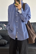 格子衬衫春夏美式蓝色格子衬衫港风情侣装休闲长袖衬衣CS276-P35，男装衬衫，星座301C-5