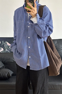 格子衬衫春夏美式蓝色格子衬衫港风情侣装休闲长袖衬衣CS276-P35图片