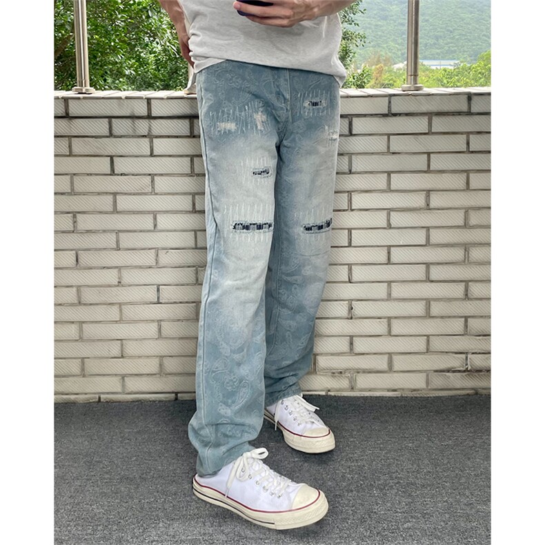 现货高品质复古破洞补丁情侣牛仔裤610A-1-YK8812-P60图片