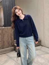 2026藏青色Polo领半拉链针织衫女早秋简约翻领短款显瘦长袖上衣，女装针织衫/毛衣，艾米莉亚