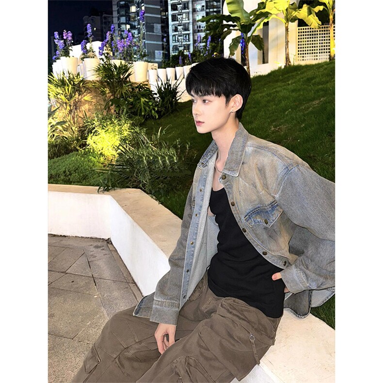 美式高级废土风长袖衬衫设计感小众牛仔衬衣JK502特P68,男装衬衫,星座908-1
