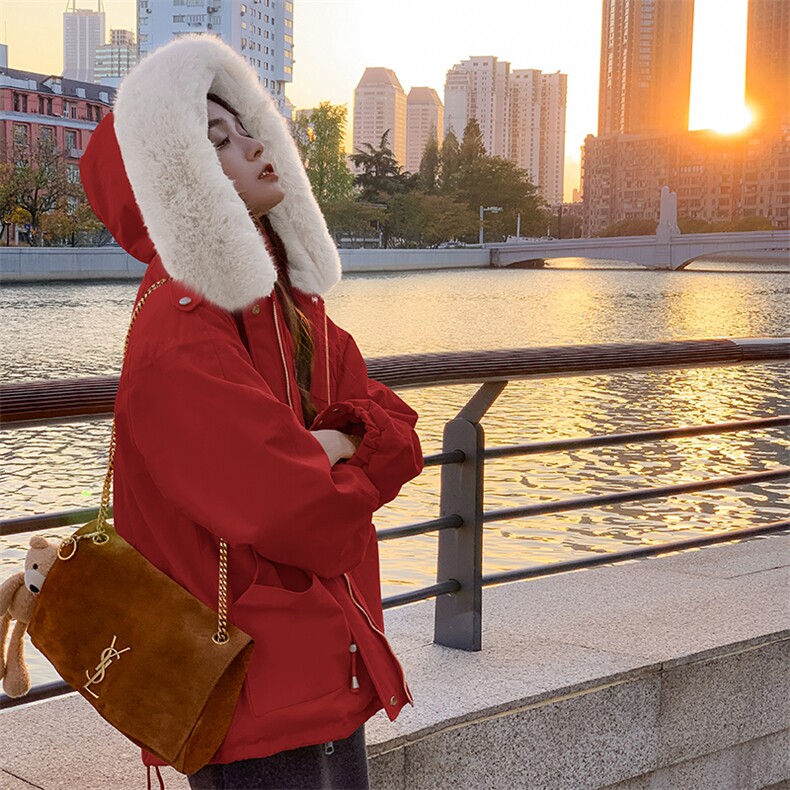 橘粉色工装派克服女2024年冬季新款小个子加绒加厚大毛领连帽棉服,女装短外套,2C037