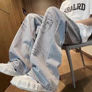 复古手绘涂鸦微喇牛仔裤男痞帅vibe高街做旧长裤子 NC1078图片