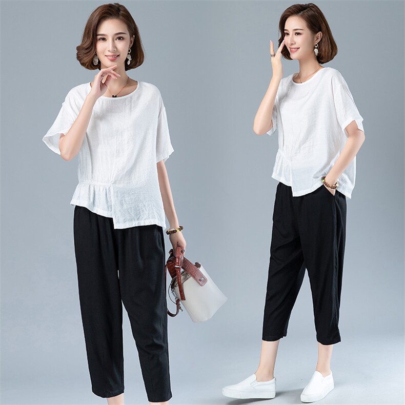 2025夏季新款中年妈妈小个子棉麻套装宽松休闲薄款洋气减龄两件套，女装套装/套裙，阿丹
