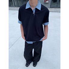 假两件格纹拼接短袖polo衫男夏季美式t恤上衣CTX20，男装T恤，星座208-5
