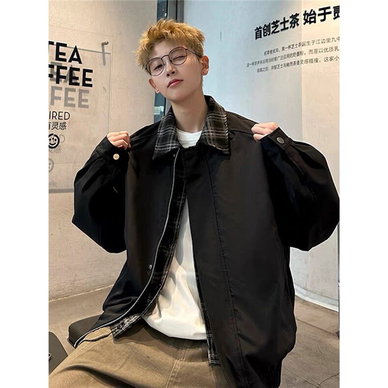 美式格子假两件夹克外套男女春秋冬休闲宽松vintage棒球服,男装夹克,星座218-1（原230）