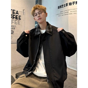 美式格子假两件夹克外套男女春秋冬休闲宽松vintage棒球服图片