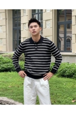 松弛感老钱风黑白条纹针织长袖POLO领套头毛衣F3323/P68，男装针织衫/毛衣，电商A243