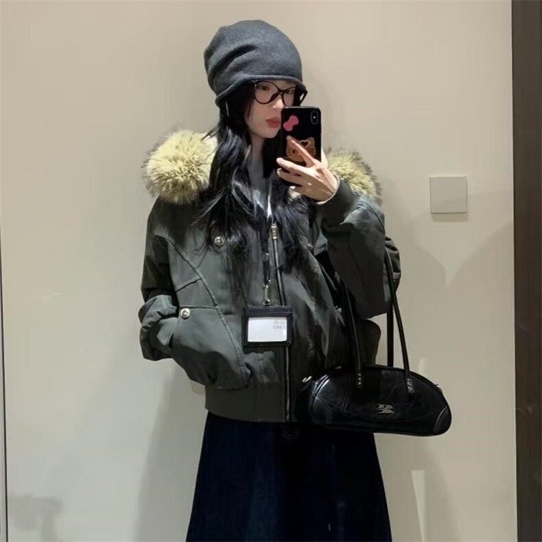 现货重磅boxy短款棉衣座山雕大毛毛领男女棉服水洗工装厚外套图片
