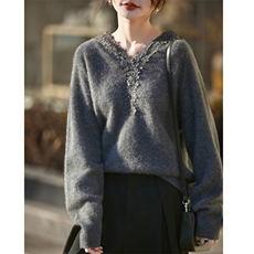 2025年秋季时尚百搭通勤简约休闲花边拉链帽衫，女装羊毛衫，昭美羊绒