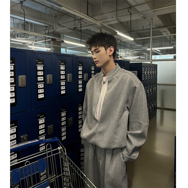 网图假两件层次感重磅立领卫衣套装上衣W202-P60卫裤KK303-P50,男装休闲套装,星座1213