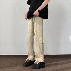 美式复古泥黄色做旧拼接牛仔裤男长裤宽松直筒裤子8008/p48图片