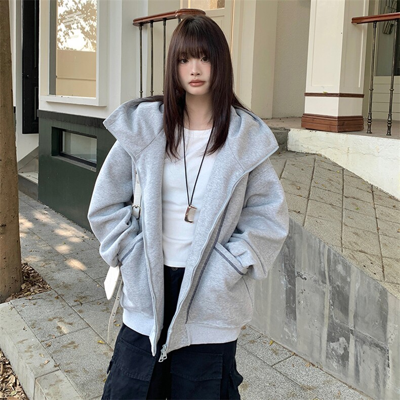 抖音得物高品质秋冬美式高街重磅结构辑明线纹理连帽卫衣外套W111，女装短外套，电商A486-1