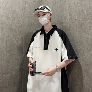 美式复古短袖T恤男女夏季撞色拼接翻领潮牌情侣休闲上衣PA18-P30图片