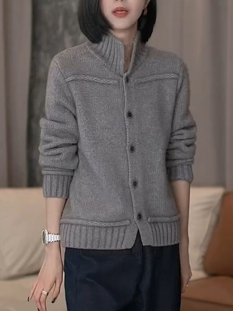 2025年秋季新款百搭女士灰色三股翻领开衫，女装羊毛衫，宛庄羊绒