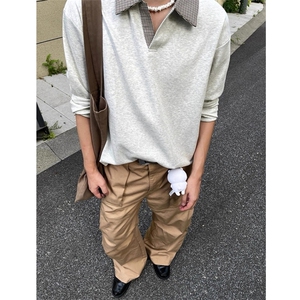 现货千鸟格拼接翻领T恤长袖上衣情侣款男女 CX01-TP35图片