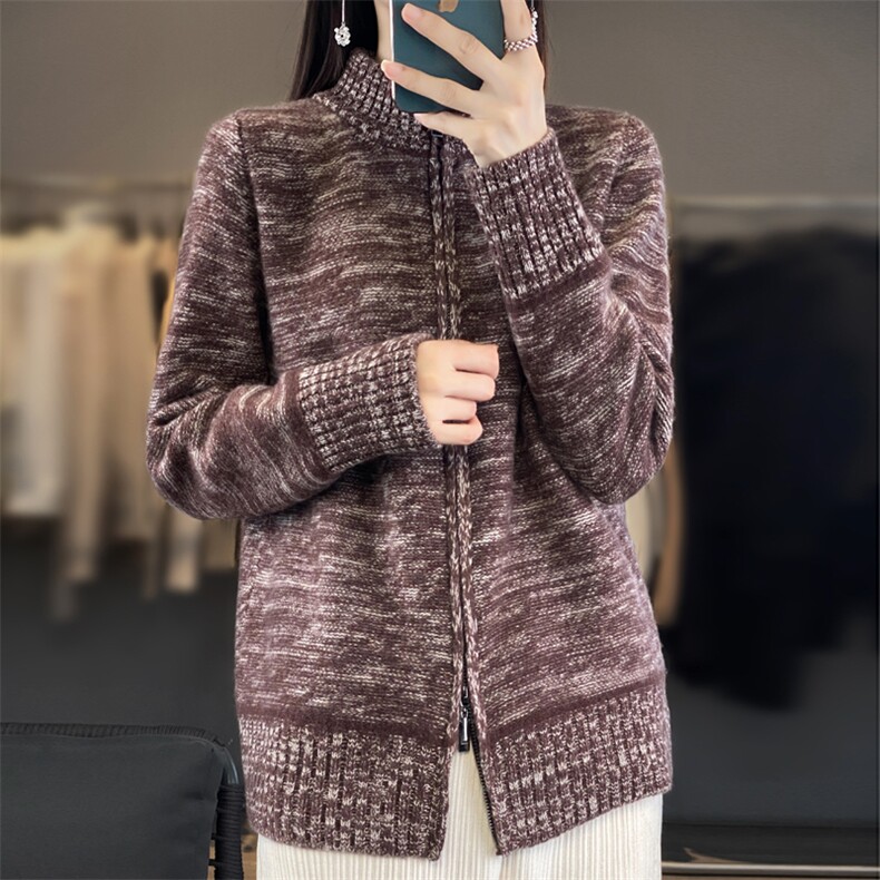 2023秋装新款羊绒开衫女宽松针织拉链羊毛外套复古立领设计感外搭,女装羊毛衫,端硕羊绒