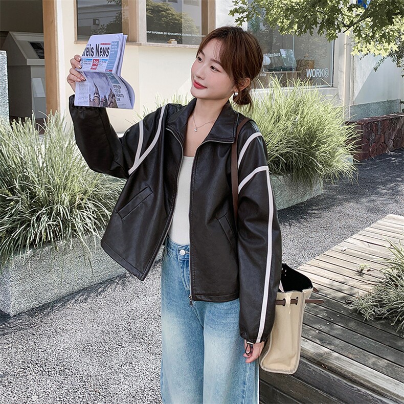 休闲撞色拼接咖色皮衣外套女春秋2025新款小个子PU夹克爆款高级感,女装皮衣,2C256