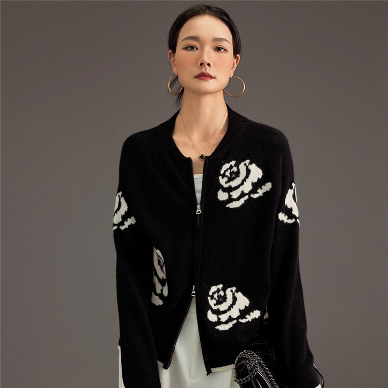 2025新款舒适时尚百搭山茶花拉链开衫,女装羊绒衫,鑫萬耀羊绒