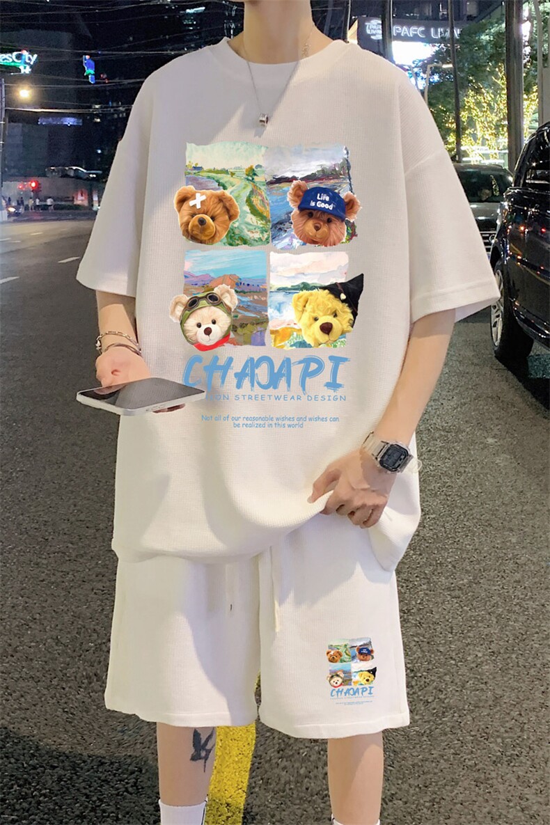 ！2024夏季新款华夫格短袖套装青少年学生半袖一套HTZ22P50,男装T恤,电商B220