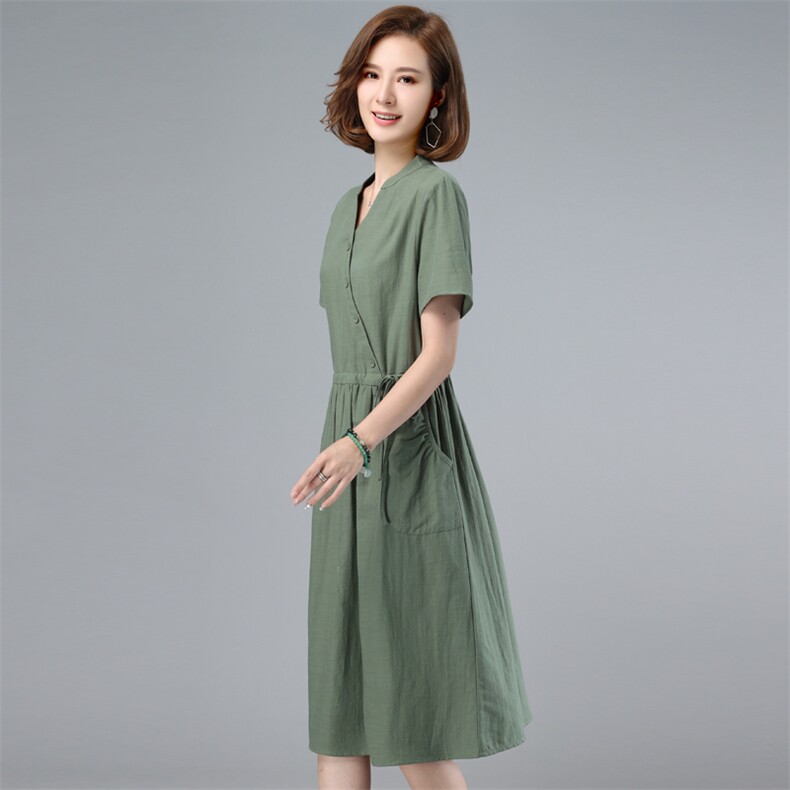 纯棉连衣裙女2023夏装新款中长款收腰显瘦V领妈妈洋气气质a字裙子，女装连衣裙，鑫鑫格