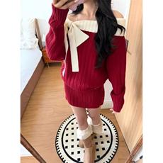 1506A/G1030/P69红色一字肩蝴蝶结针织衫女绞花纹毛衣，男装针织衫/毛衣，星座1506A