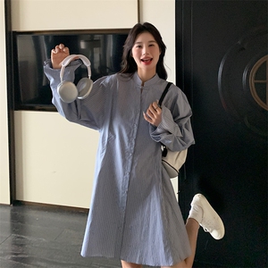 蓝条衬衫裙休闲可爱连衣裙图片