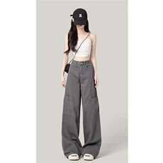美式灰色工装牛仔裤女秋季新款宽松显瘦直筒高腰休闲阔腿拖地裤子，男装牛仔裤，星座506A