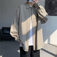 复古v无性别格子衬衫男长袖格纹衬衣春秋宽松情侣外套C214/P48，男装衬衫，星座506