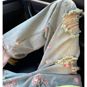 高街花卉破洞牛仔裤男款夏季显瘦裤子玫瑰满印直筒长裤 NB154图片