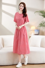 黑白格子棉麻连衣裙女夏季2023新款气质收腰显瘦减龄文艺衬衫裙子，女装连衣裙，罗得堡