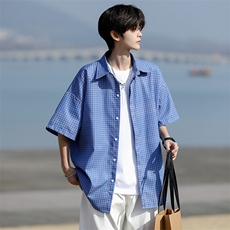 8XL-M短袖衬衫男夏宽松慵懒风痞帅条纹格子衫半袖外套DC28005P40，男装衬衫，电商B312