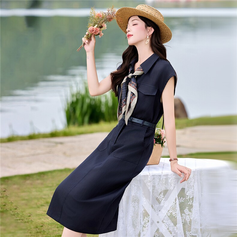 DLM8665天丝亚麻巨好看工装斜纹中长款连衣裙夏季新款修身显瘦裙,女装连衣裙,朵莱米