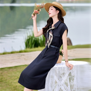 DLM8665天丝亚麻巨好看工装斜纹中长款连衣裙夏季新款修身显瘦裙图片