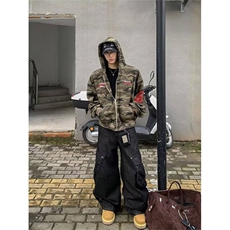 美式复古水洗迷彩刺绣连帽卫衣外套男秋冬季宽松休闲帽衫夹克，男装夹克，四季星座505