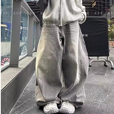 W9470-P53网图现货美式复古做旧阔腿牛仔裤慵懒风宽松休闲弯刀裤，男装牛仔裤，星座1608-2