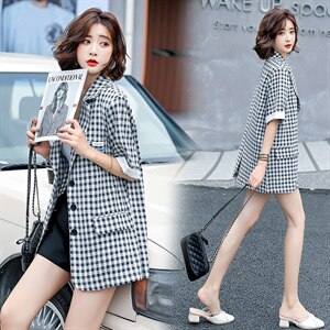 欧洲棉麻格子西装外套女薄款韩版宽松短袖洋气小西服21021夏装图片