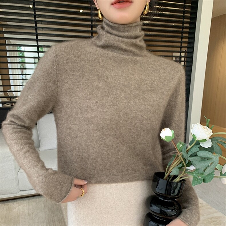 2024新款一线成衣卷边高领打底衫女秋季宽松显瘦堆堆领毛衣针织衫,女装羊绒衫,纳丰羊绒