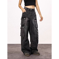 美式复古水洗黑色直筒牛仔裤男女口袋休闲工装牛仔裤-网图，女装牛仔裤，星座302B-2