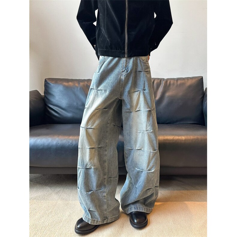 口袋弯刀牛仔裤男女微喇炸街阔腿直筒工装长裤美式RK3282-P55，男装牛仔裤，星座412-3