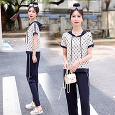 时尚套装女夏季妈妈装2023新款宽松大码夏装小个子休闲两件套现货，女装套装/套裙，一安秀