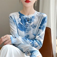 夏季新款彩墨画圆领短袖女莱赛尔天丝涂鸦长袖针织衫薄款防晒上衣，女装T恤，暖圣羊羊绒